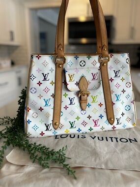 Louis Vuitton White Multicolor Murikami Tote with Leather Trim